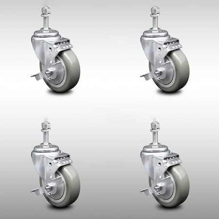 Service Caster 4 Inch SS Gray Polyurethane Wheel Swivel 3/8 Inch Threaded Stem Caster Set Brake SCC-SSTS20S414-PPUB-TLB-381615-4